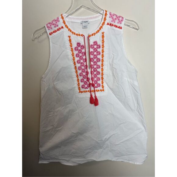 J. Crew Embroidered tank top White Pink Orange Women’s 8 100% Cotton Tassels Sum - Picture 1 of 4